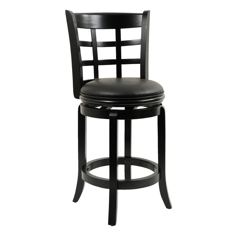 Sabi 24 inch Swivel Counter Stool, Solid Wood, Faux Leather, Brown, Black-Benzara