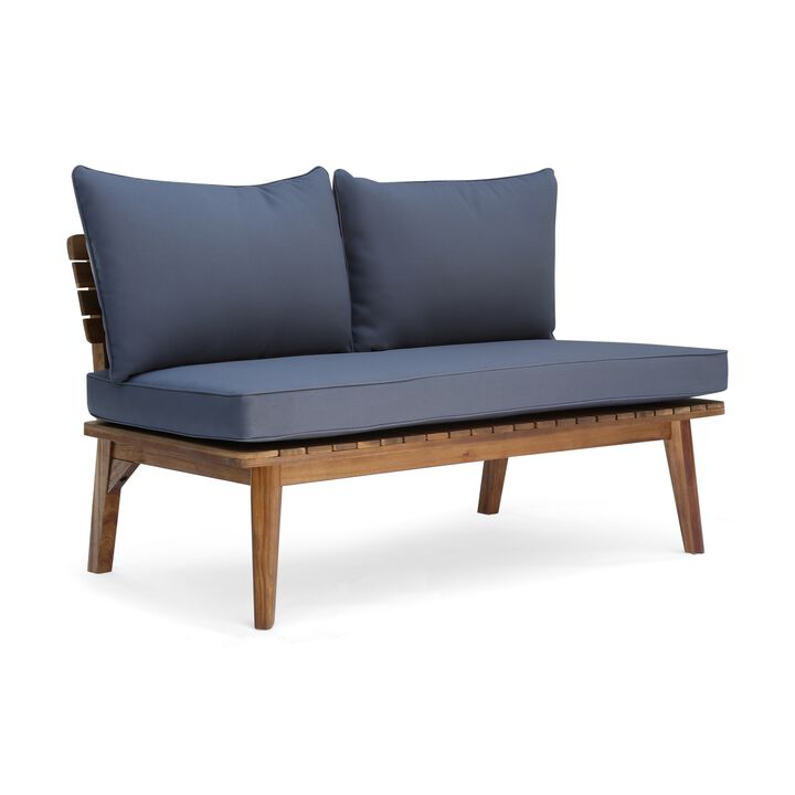 Almo Outdoor Loveseat Bench, Gray Fabric, 49 Inch Brown Acacia Wood - Benzara