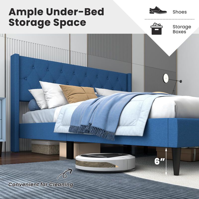 Queen Size Upholstered Platform Bed with Button Tufted Wingback Headboard-Blue