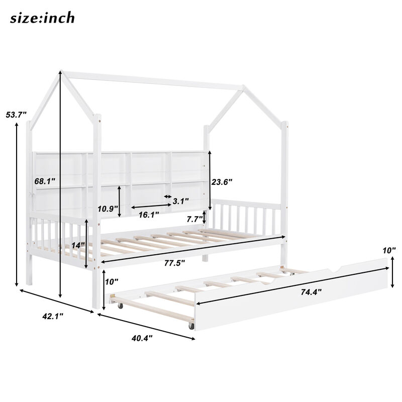 Wooden Twin Size House Bed With Trundle, Kids Bed With Shelf, White