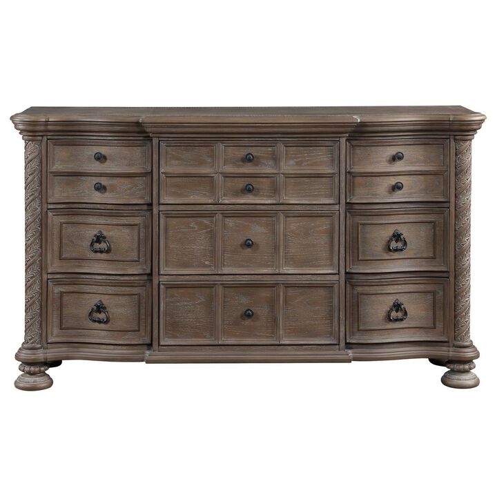Benjara Emme 66 Inch Dresser with 9 Drawers and Bun Feet, Oak Brown Wood