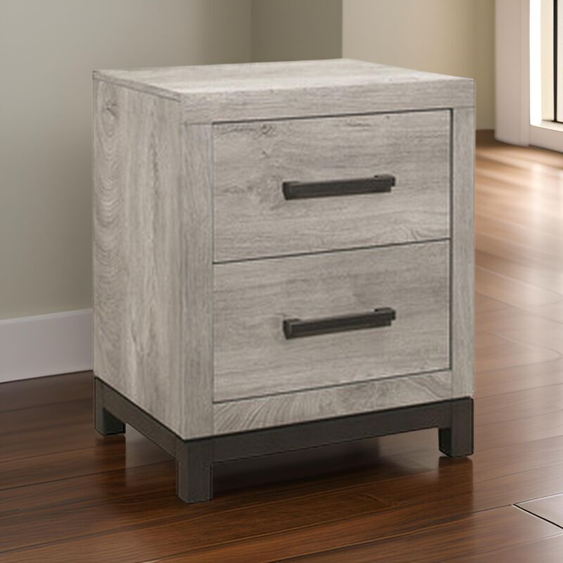 Deena 25 Inch Classic 2 Drawer Nightstand, Metal Handles, Wood Grain Gray-Benzara