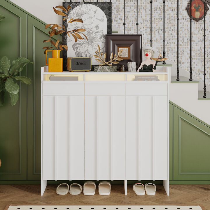 FUFU&GAGA Modern White Shoe Cabinet – 3 Drawers, 3 Doors, Acrylic Panel Design, MDF Entryway Storage (47.2" W x 13.8" D x 47.2" H), White