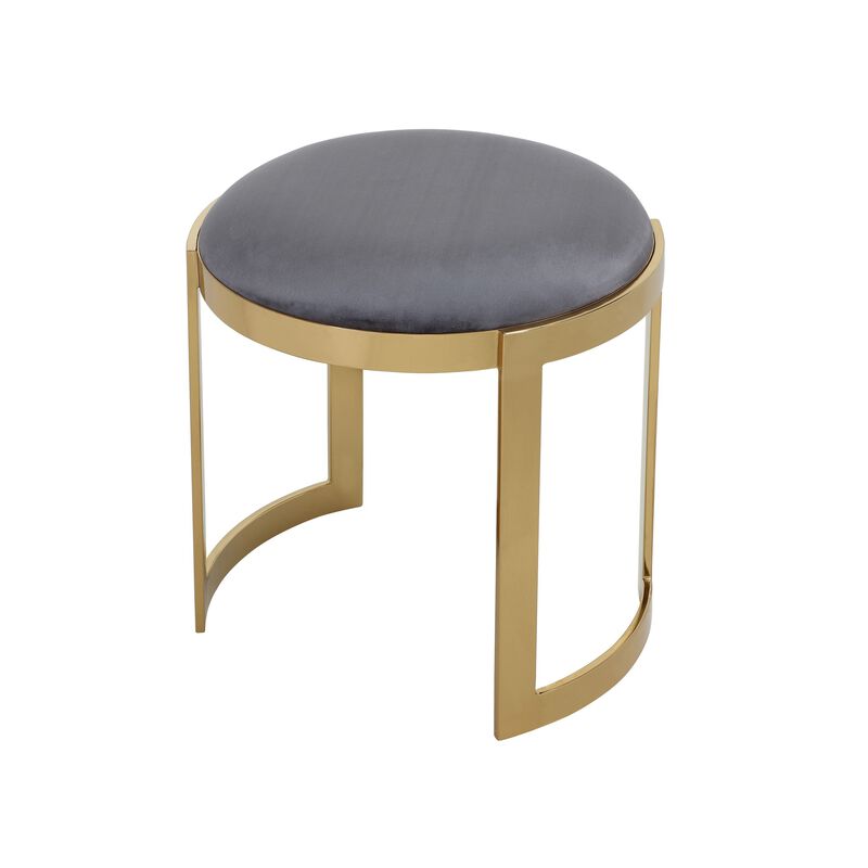 Niyo 19 Inch Accent Stool Ottoman, Round Cushioned Gray Velvet Seat, Gold - Benzara