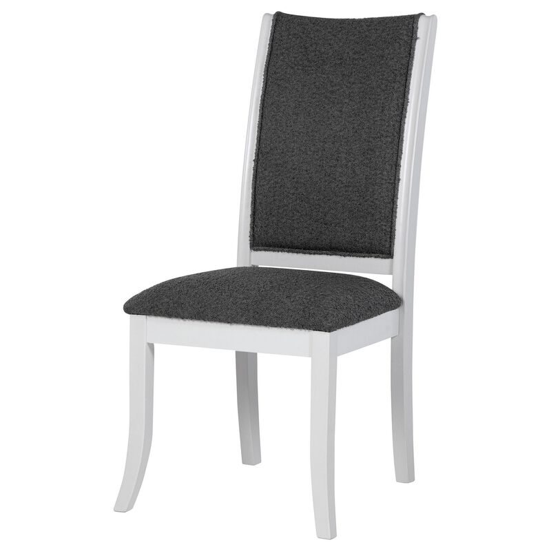 Judy Dining Side Chair Set of 2, Flared Legs, White Wood, Gray Fabric - Benzara