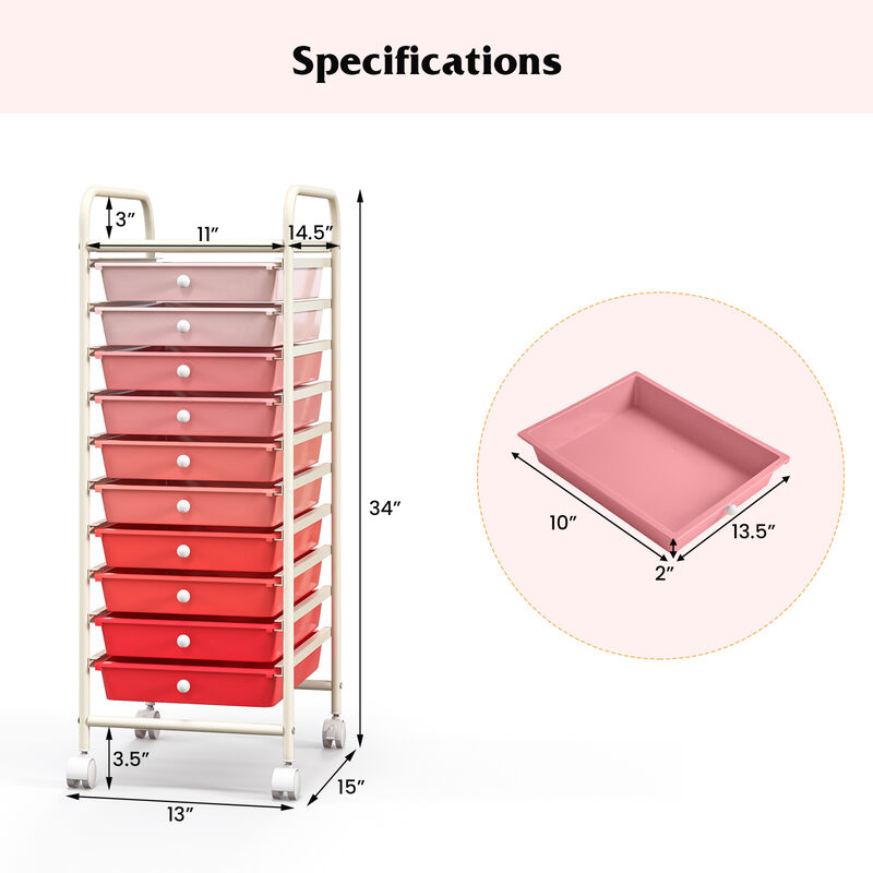 10 Drawer Rolling Storage Cart Organizer with 4 Universal Casters