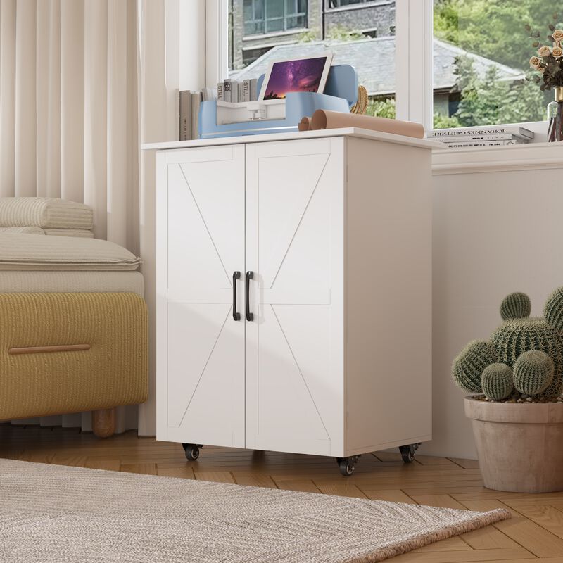 FUFU&GAGA Modern White Storage Cabinet – X-Design Doors, 8 Plastic Bins, Lockable Casters, Durable MDF (27.3" W x 19" D x 31.3" H), White