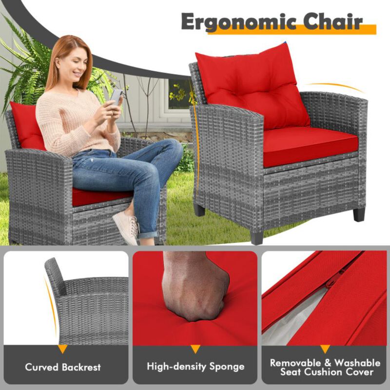 Hivvago 3 Pieces Outdoor Wicker Conversation Set with Tempered Glass Tabletop