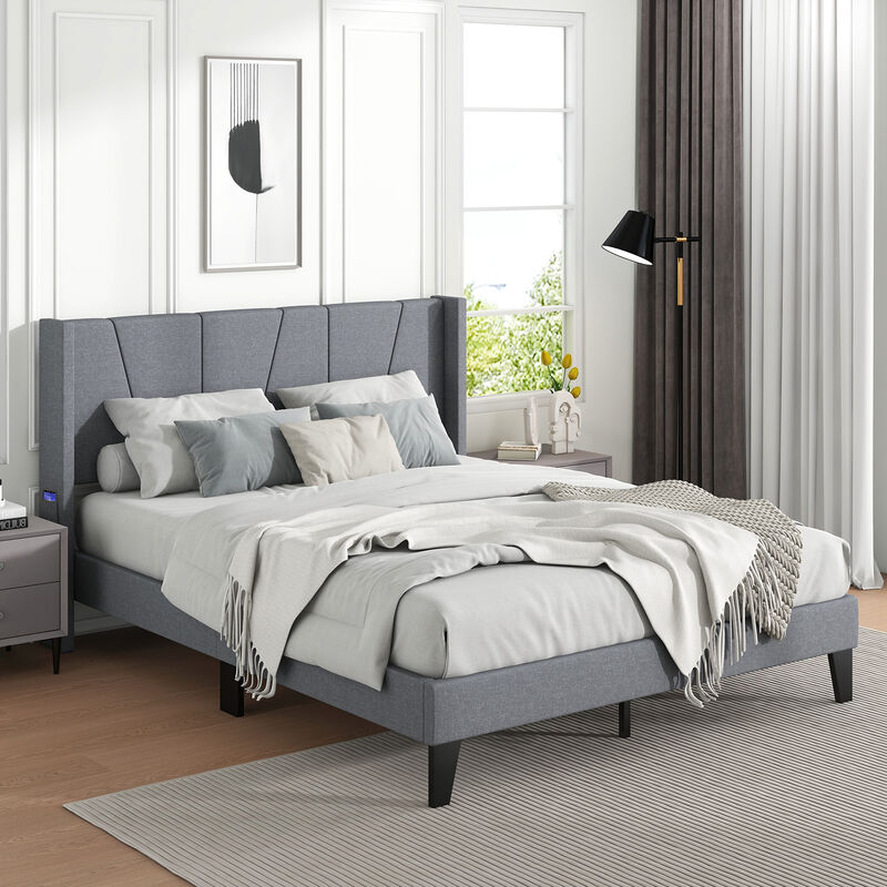 Elegant Bed Frame with Wingback Headboard and Wooden Slat Support Stylish Bedroom Furniture