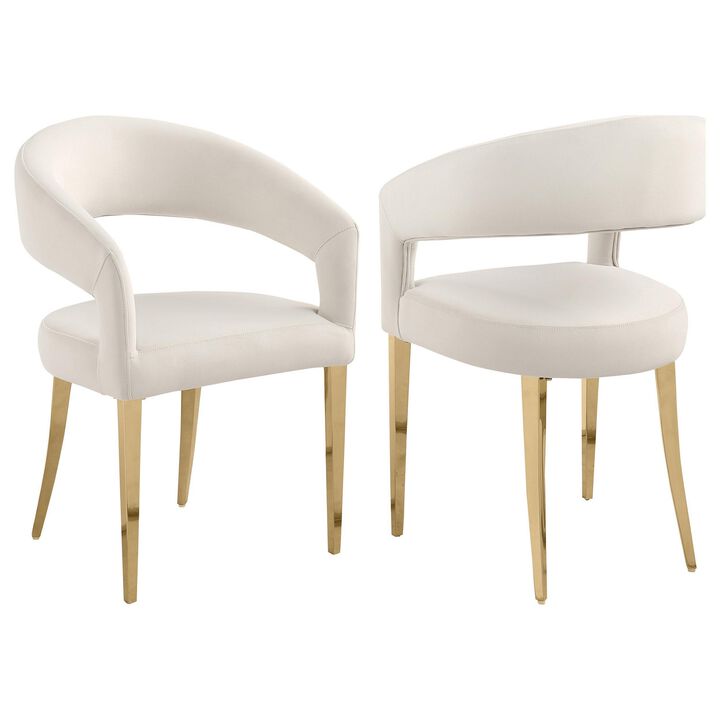 Liano Dining Chair Set of 2, Curved Open Back, Gold Legs, White Fabric - Benzara