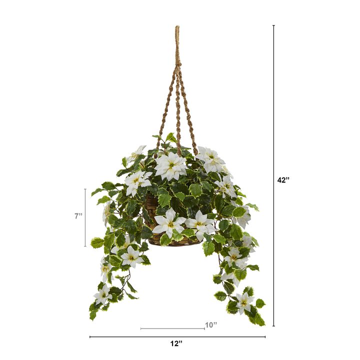 Hivvago 3.5" Poinsettia and Variegated Holly Artificial Plant in Hanging Basket (Real Touch) - White