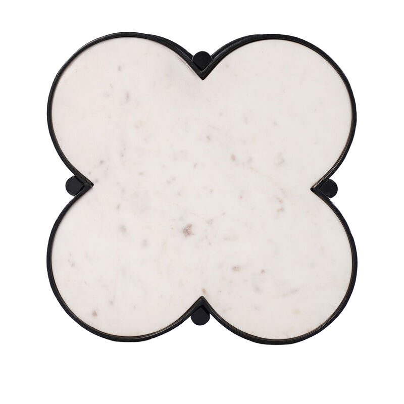 Chloe Side End Table, White Genuine Marble Clover Shape Top With Black Iron Frame