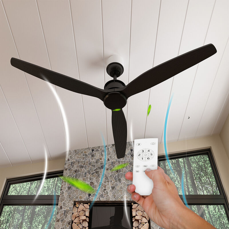 Indoor/Outdoor Use 60 in. Black 3 Wooden Blade Propeller Ceiling Fan with Remote Control, DC Motor, 6-Speed Adjustable