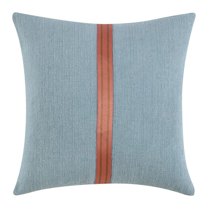 Reto Throw Pillow, 22 Inch Striped Tape Applique, Blue Cotton Linen - Benzara