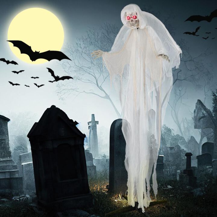 Hivvago 8.3 ft Halloween Standing Haunted Angel with Lighted Eyes and Automatic Wing Movement