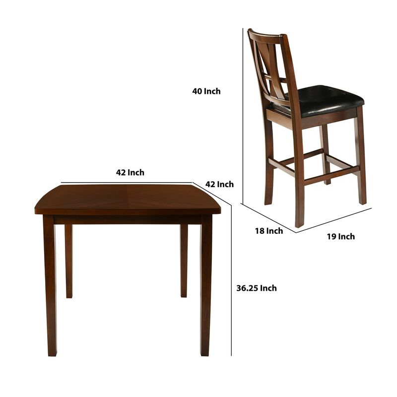 Wooden 5 Piece Counter Height Dining Set, Brown and Black-Benzara