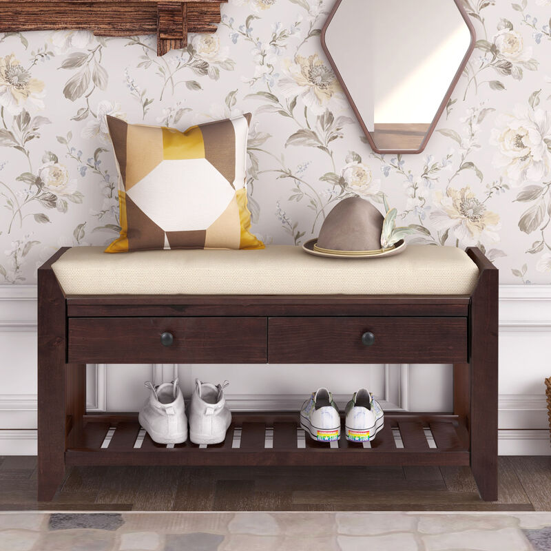 Shoe Rack With Cushioned Seat And Drawers, Multipurpose Entryway Storage Bench (Espresso)