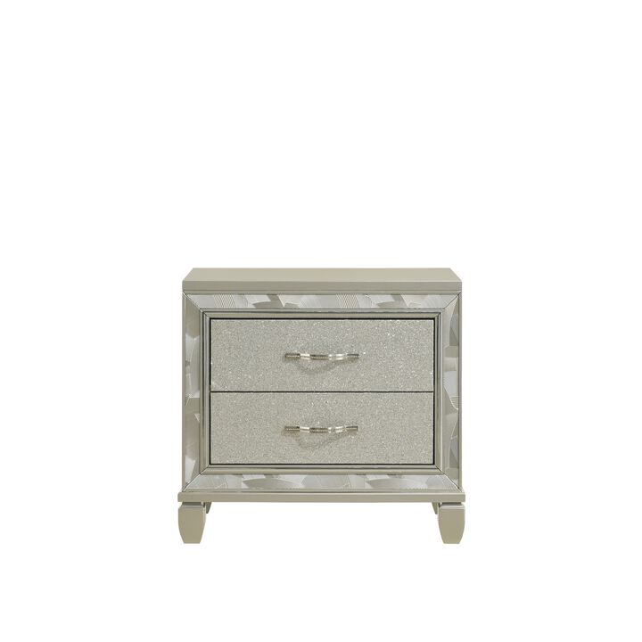 Bet 28 Inch Nightstand, 2 Rhinestone Inlaid Drawers, Chrome Handles, Silver - Benzara