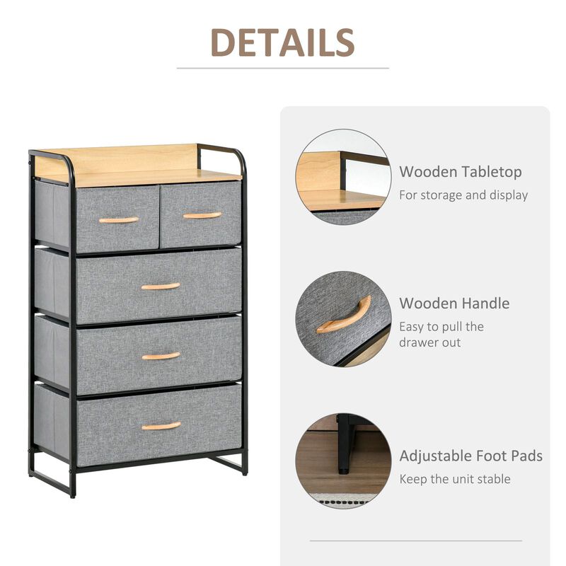 Light Gray Bedroom Tower: 5-Drawer Dresser with Steel Frame
