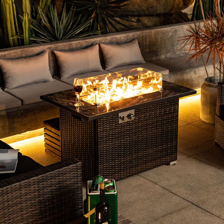 Mondawe 44 Inch Outdoor Rattan Fire Pit With Ceramic Tabletop Gas Fire Table