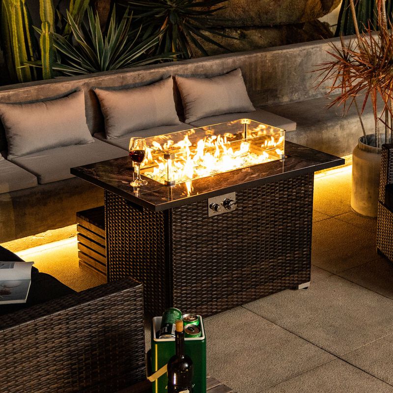 Mondawe 44 Inch Outdoor Rattan Fire Pit With Ceramic Tabletop Gas Fire Table