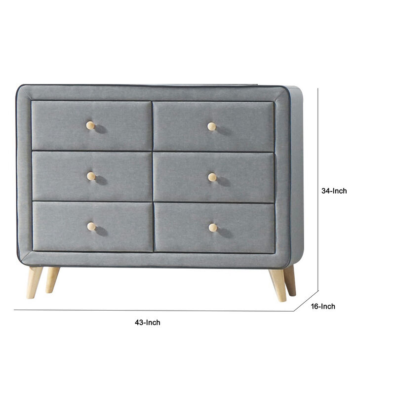 Transitional Style Wood and Fabric Upholstery Dresser with 6 Drawers, Gray-Benzara