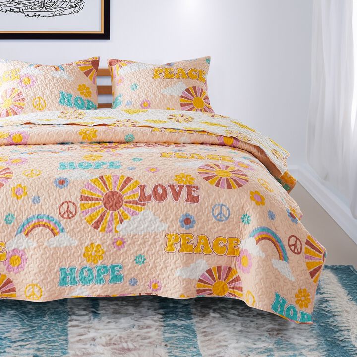 Berlin 2 Piece Microfiber Rainbows and Clouds Print Twin Quilt Set, Beige - Benzara
