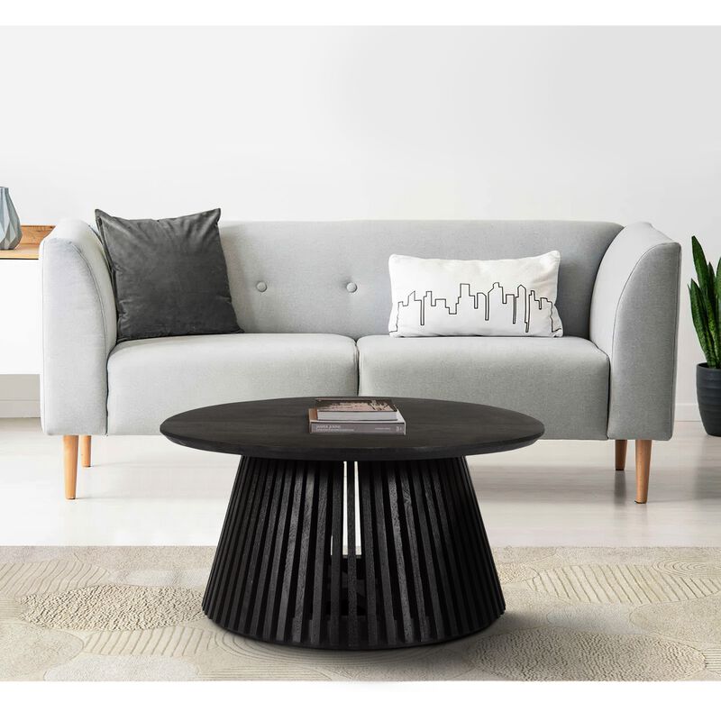 Ridge 32 Inch Handcrafted Round Coffee Table, Mango Wood, Slatted Flared Base, Black-Benzara