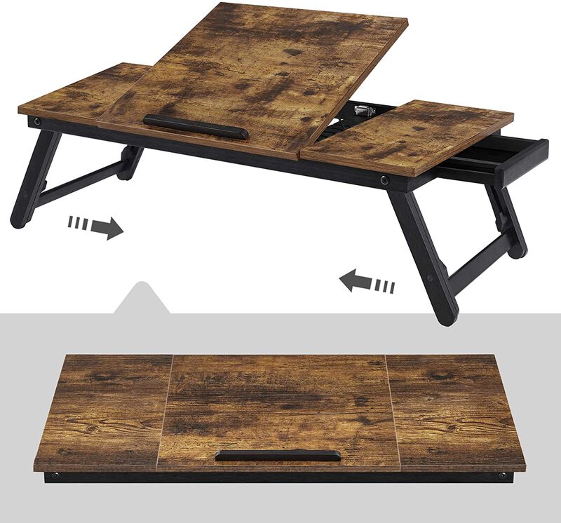 Rustic Dark Brown Laptop Desk - Adjustable Tilt Top, Folding Legs, and Drawer for Bed, Sofa, and Breakfast