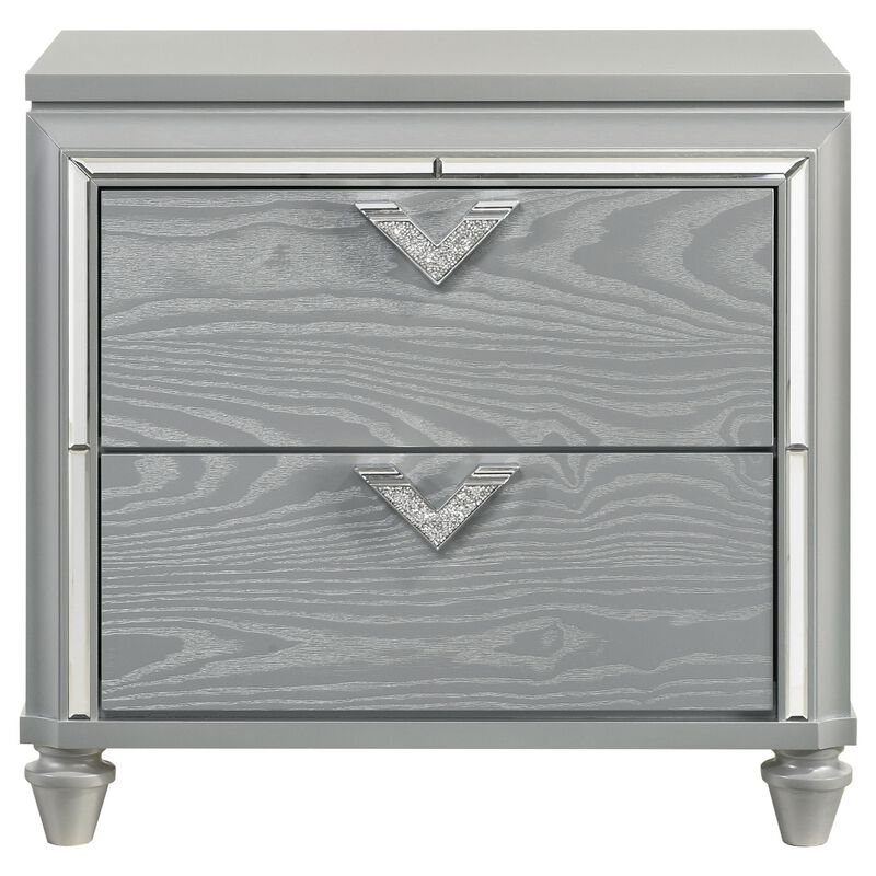 Haley Nightstand, 2 Drawers, V Shape Glittering Handles, Light Silver Wood - Benzara