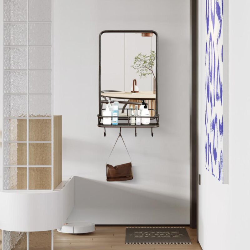 Hivvago Wall Bathroom Mirror with Shelf Hooks Sturdy Metal Frame for Bedroom Living Room
