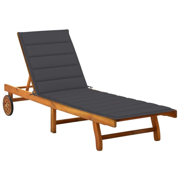 Kaye Outdoor Sun Chaise Lounger, 79 Inch Acacia Wood, Gray Cushion - Benzara