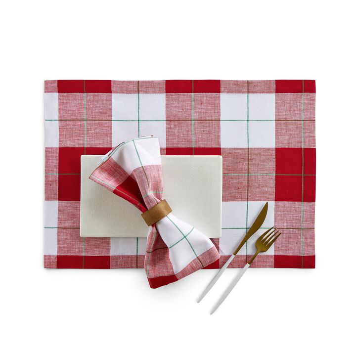 Solino Home 100% Pure Linen Double Hemstitch Placemats 14 x 19 Inch Set of 4 | Windowpane