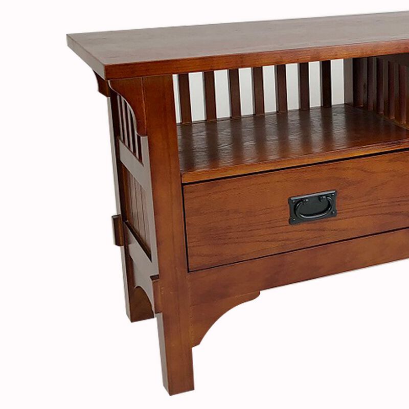 Wooden TV Stand with 2 Open Shelves and Slatted Back, Oak Brown-Benzara
