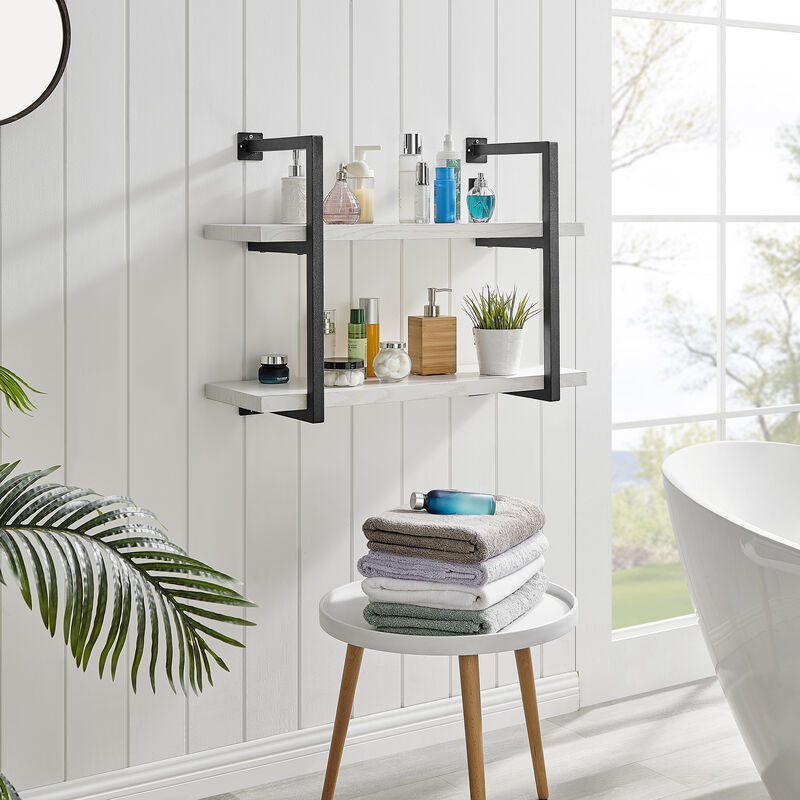Modern 2-Tier Hanging Bracket Wall Shelves in Black Metal and White Birch Finish