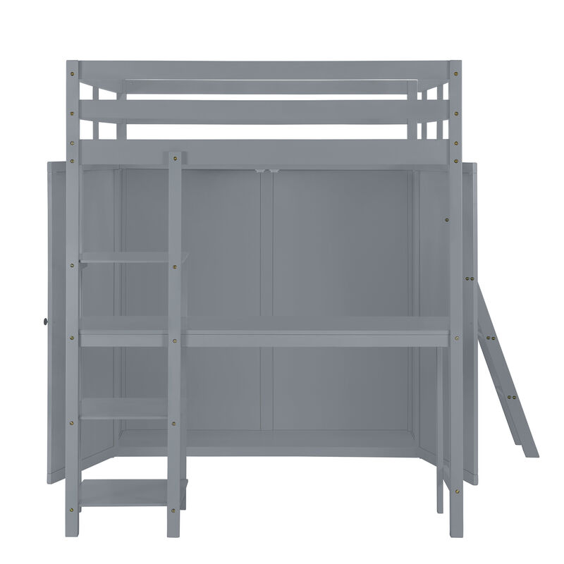 Merax Loft Bed with Wardrobe and Desk and Shelves