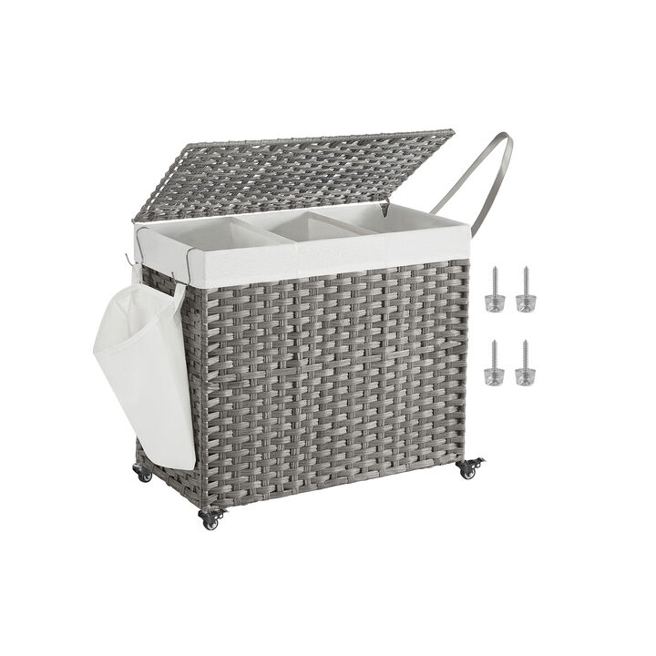 Handwoven 160L Rattan-Style Laundry Hamper with 3 Compartments and Removable Liner