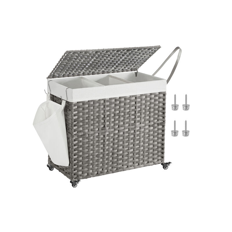 Handwoven 160L Rattan-Style Laundry Hamper with 3 Compartments and Removable Liner