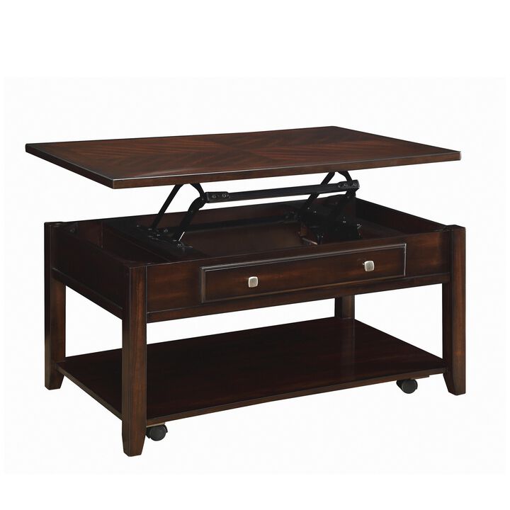 Modern Lift Top Wooden Coffee Table With Storage & Shelf, Walnut Brown-Benzara