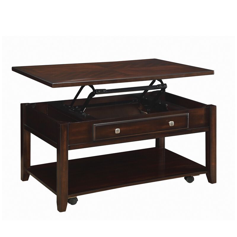 Modern Lift Top Wooden Coffee Table With Storage & Shelf, Walnut Brown-Benzara