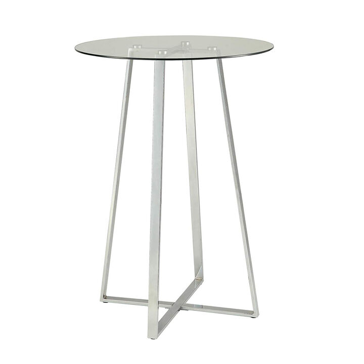 Round Glass Top Metal Frame Bar Table with Angled Legs, Silver and Clear - Benzara