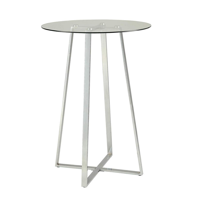 Round Glass Top Metal Frame Bar Table with Angled Legs, Silver and Clear - Benzara
