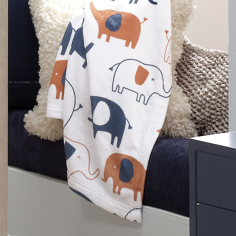 Lambs & Ivy Playful Elephant White/Blue Printed Fleece Baby Blanket