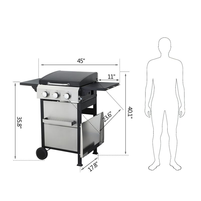 MONDAWE 3-Burner Propane Gas BBQ Grill, SS Plancha, 36900BTU Output With Wire Enamel Cooking Grids For Outdoor Barbecue, Foldable Side Table, Hanging Basket, Stainless Steel