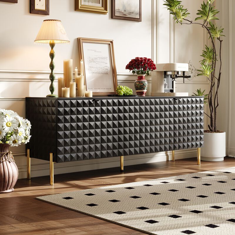FUFU&GAGA Modern Black Storage Cabinet with Gold Legs, P2 MDF, with Textured Doors and Adjustable Shelves (55.3" W x 21.9" H x 15.7" D), Black