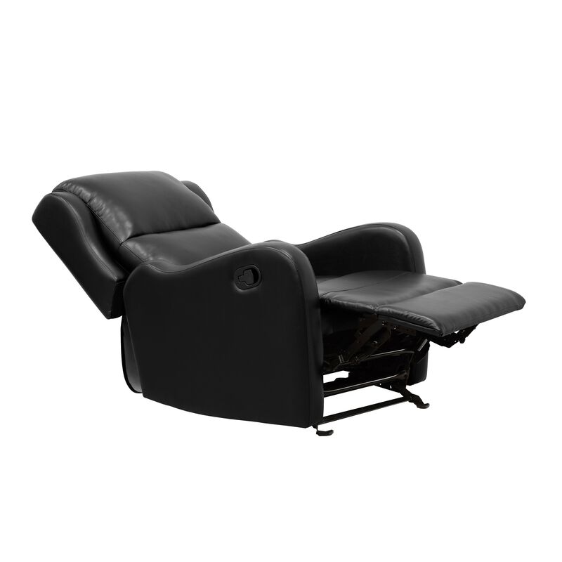 Kim 39 Inch Glider Manual Recliner Chair, Black Faux Leather, Solid Wood - Benzara