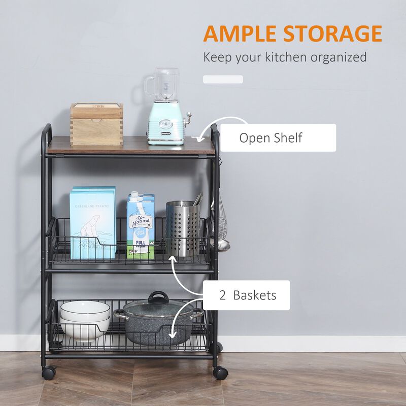 Walnut Kitchen Helper: 3-Tier Mobile Trolley with Basket Drawers