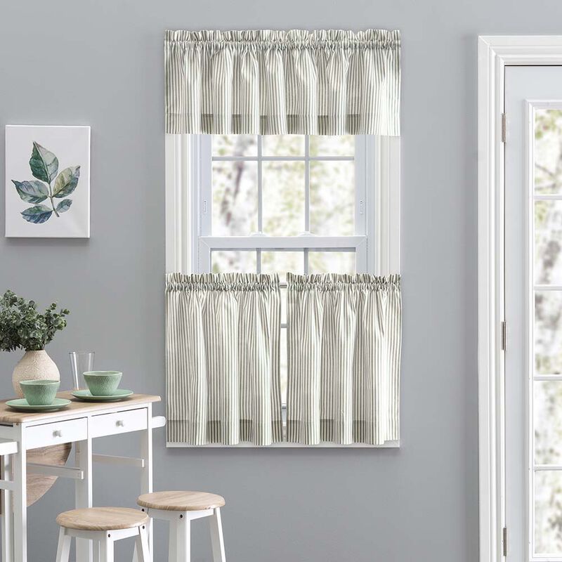 Ellis Curtain Plaza Classic Ticking Stripe Printed on Natural Ground 1.5" Rod Pocket Tailored Tiers