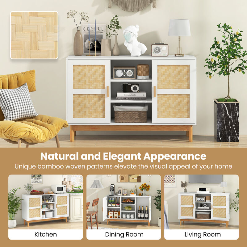 48 Inch Sideboard Buffet Cabinet Floor Storage Cabinet with 2 Bamboo Woven Doors-White