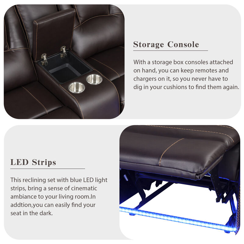 Modern Faux Leather Manual Reclining with Center Console and LED Light Strip